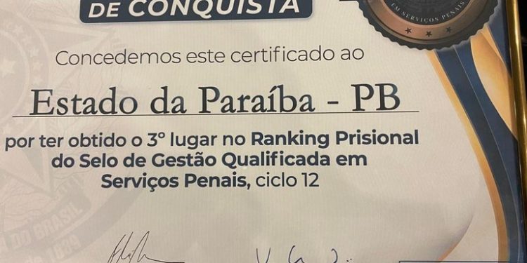 Paraíba conquista nacionalmente Selo de Gestão Qualificada em Serviços Penais