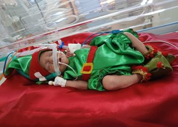 Bebês prematuros ganham roupas natalinas no Hospital Edson Ramalho