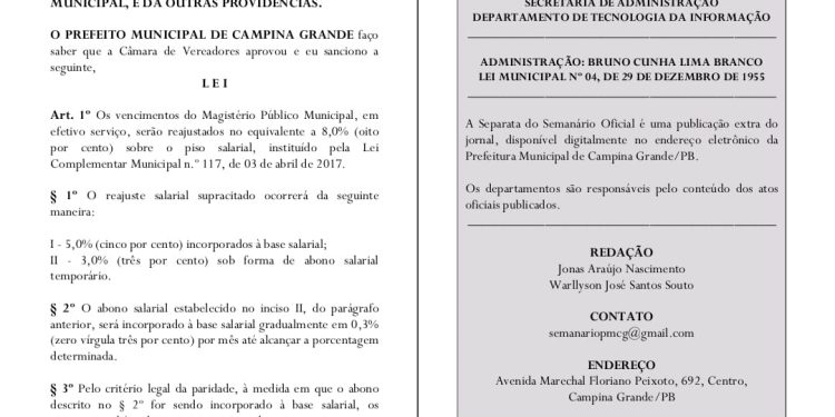 Sancionada a lei que garante o reajuste dos professores municipais de Campina Grande