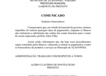 Após transição administrativa, prefeitura de Alagoinha emite comunicado aos fornecedores do município