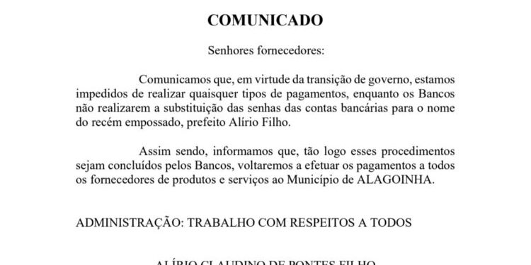 Após transição administrativa, prefeitura de Alagoinha emite comunicado aos fornecedores do município