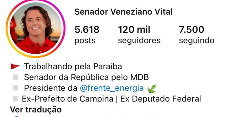 Com a marca de 120 mil, Veneziano é o Senador da Paraíba com maior número de seguidores no Instagram