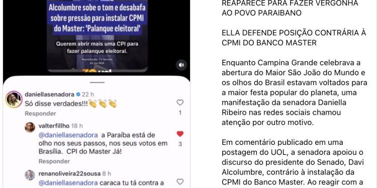 Senadora Daniella Ribeiro faz vergonha ao povo paraibano ao votar contra à CPMI do Banco Master, diz blogueira